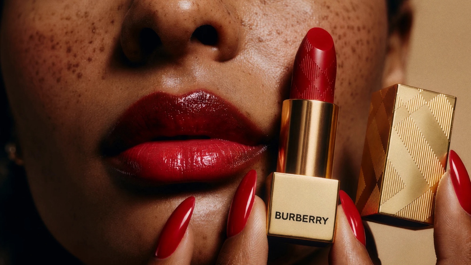 Burberry beauty campaign — red lipstick close-up