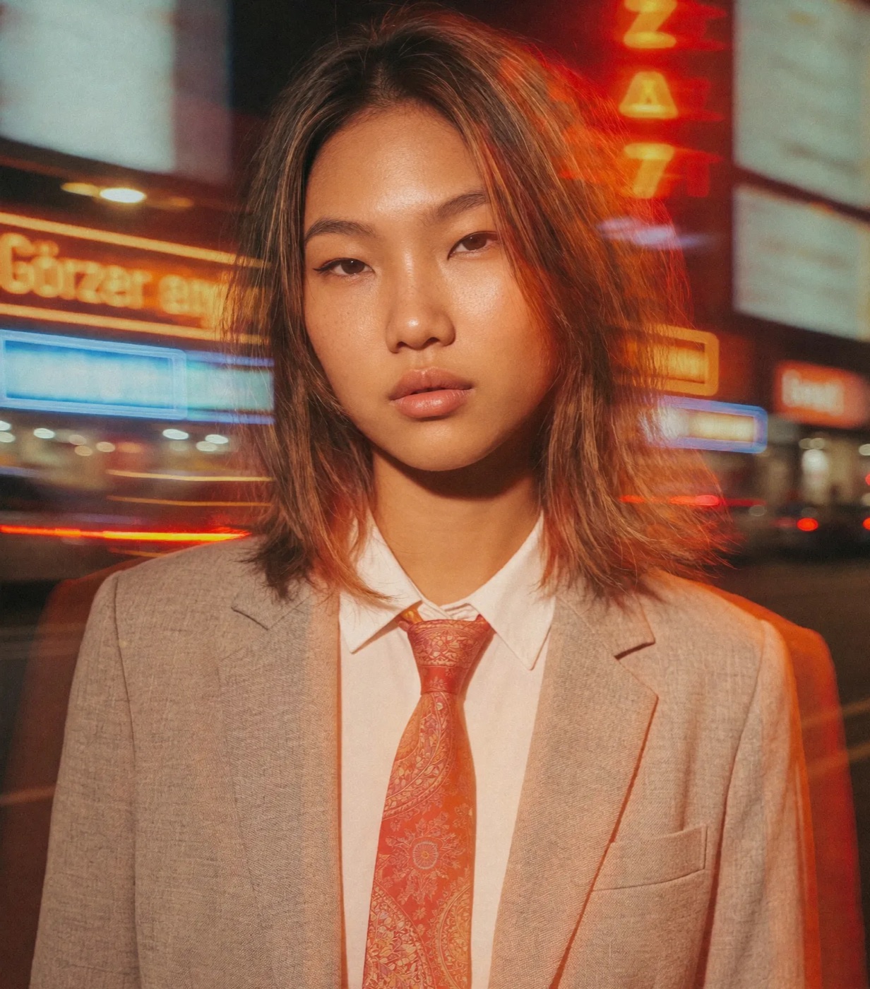 AI fashion editorial — tailored suit and tie at night under neon