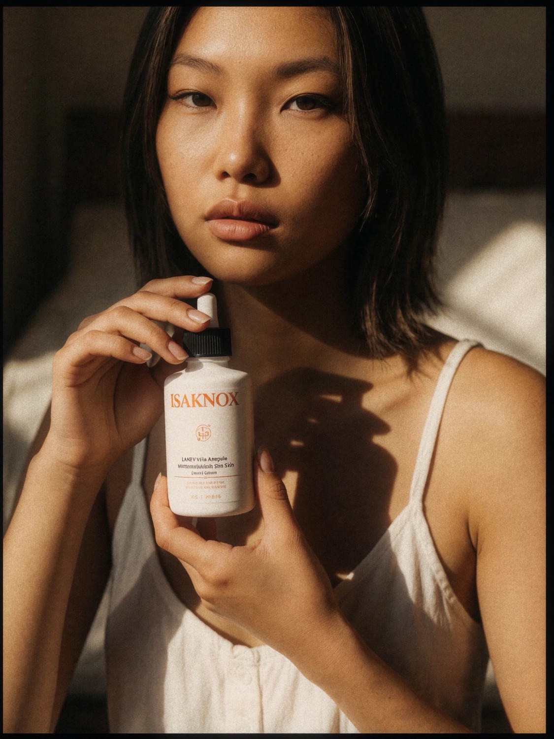 Beauty product photography — skincare serum in warm morning light